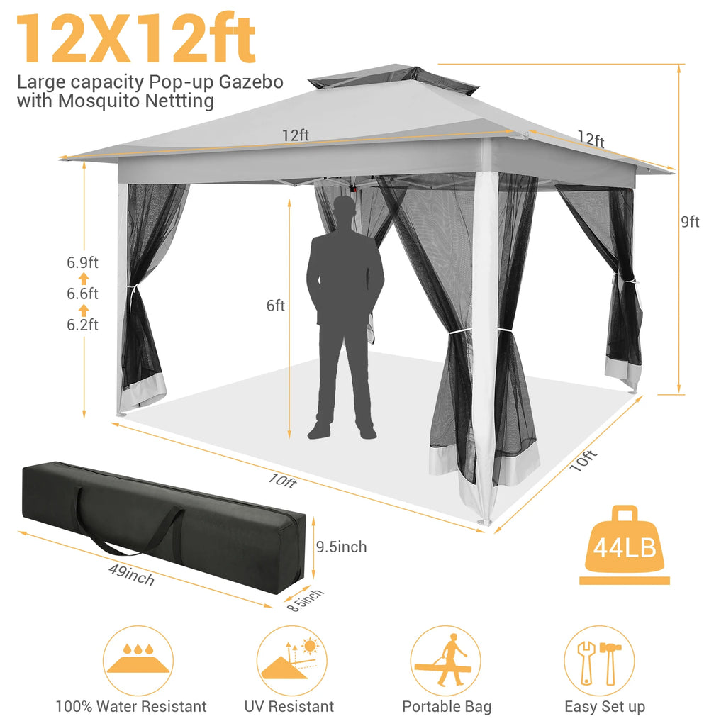 Portable 12x12 gazebo with netting, sidewalls, vented roof, adjustable height.