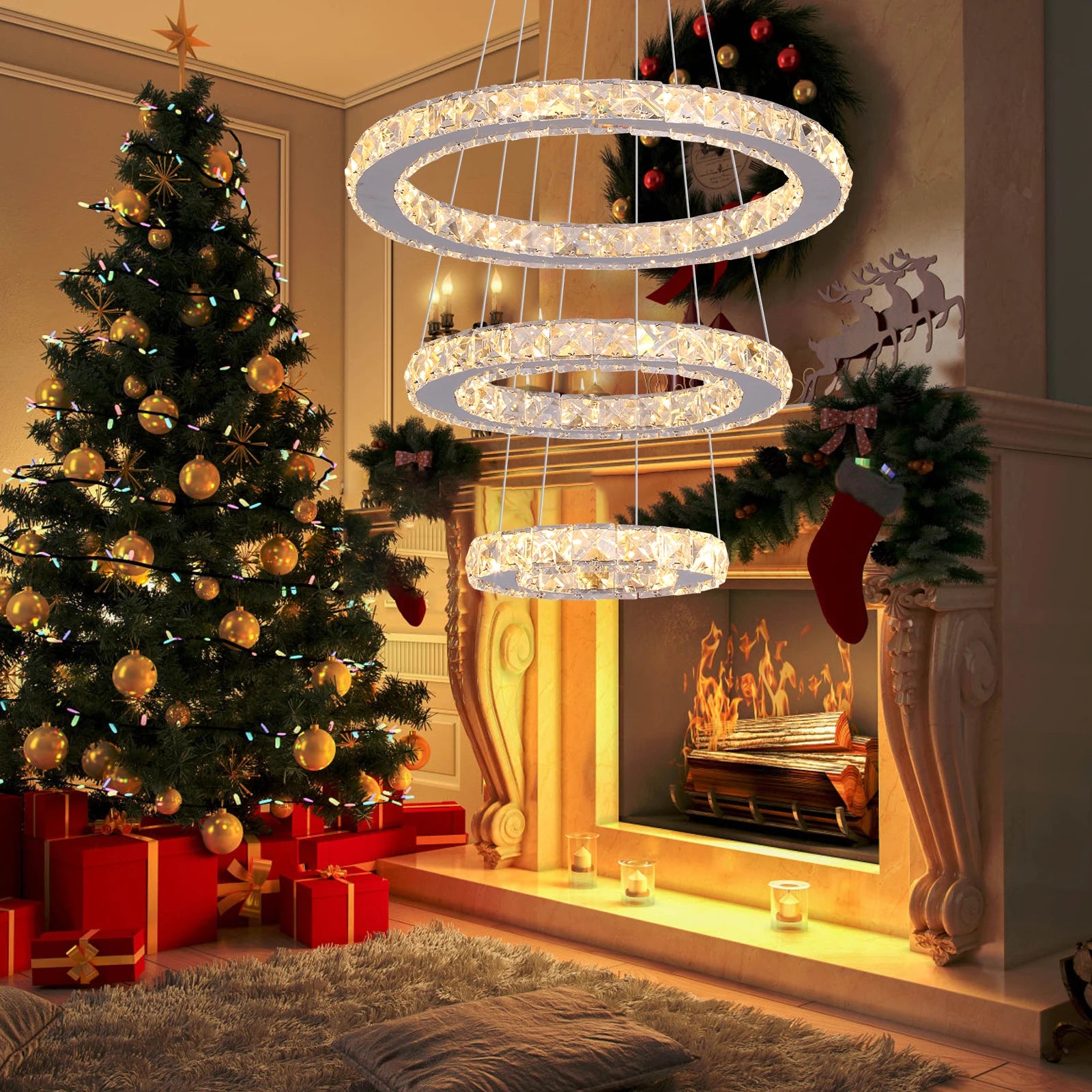 Modern Led Pendant Light Luxury Crystal Rings Dimmable Chandelier