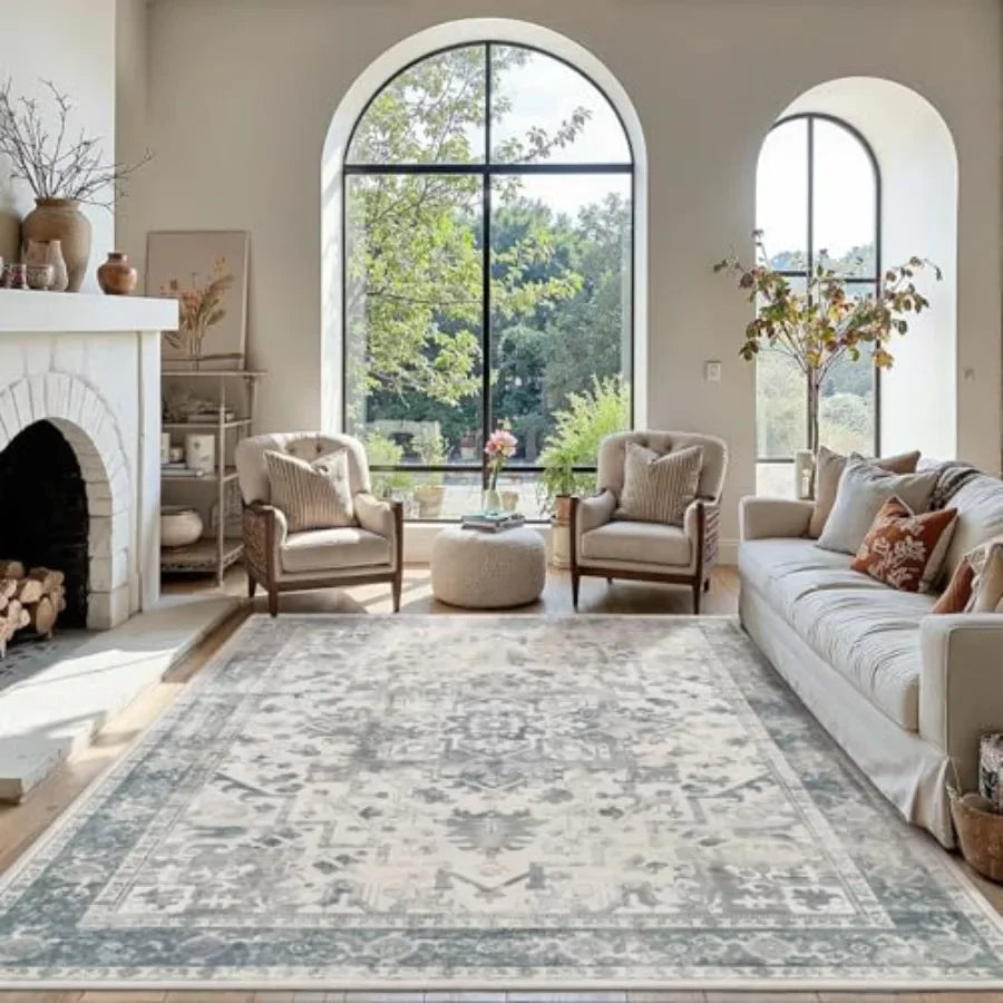 Area Rugs 5x7, Washable Rugs, Vintage Boho Light Blue Rug.