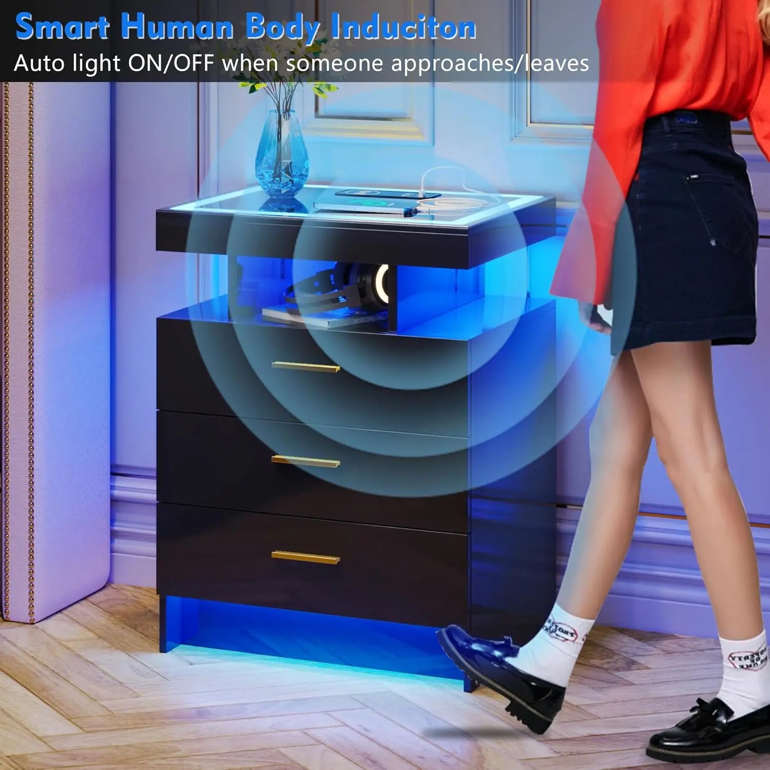 2 Set Nightstands with Wireless Charging Station for Bedroom, Auto Sensor 3 Color Dimmable LED End Table, Modern, Customized