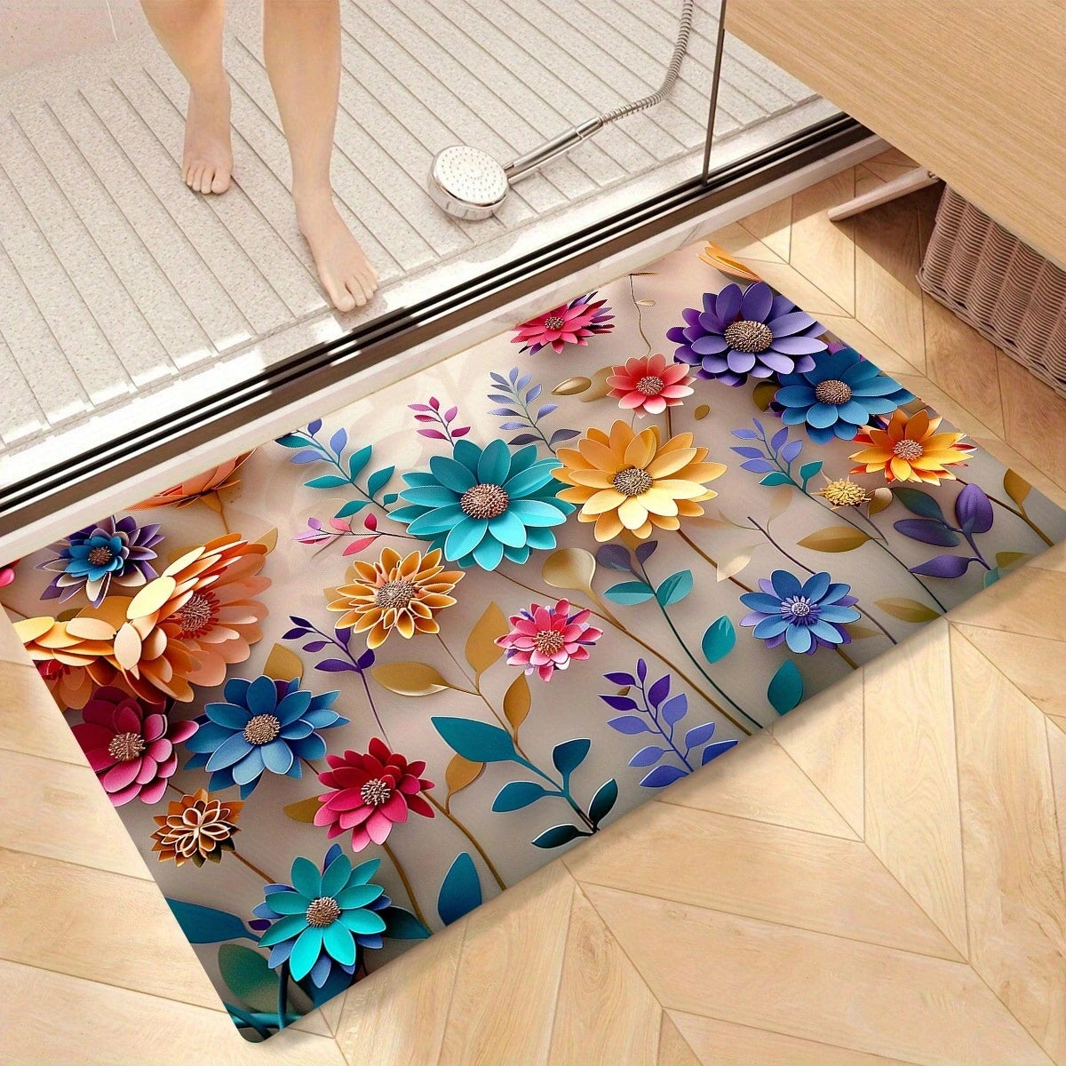 1pc multi-color floral print design bathroom mat, anti-slip, super absorbent and quick-drying shower floor mat,