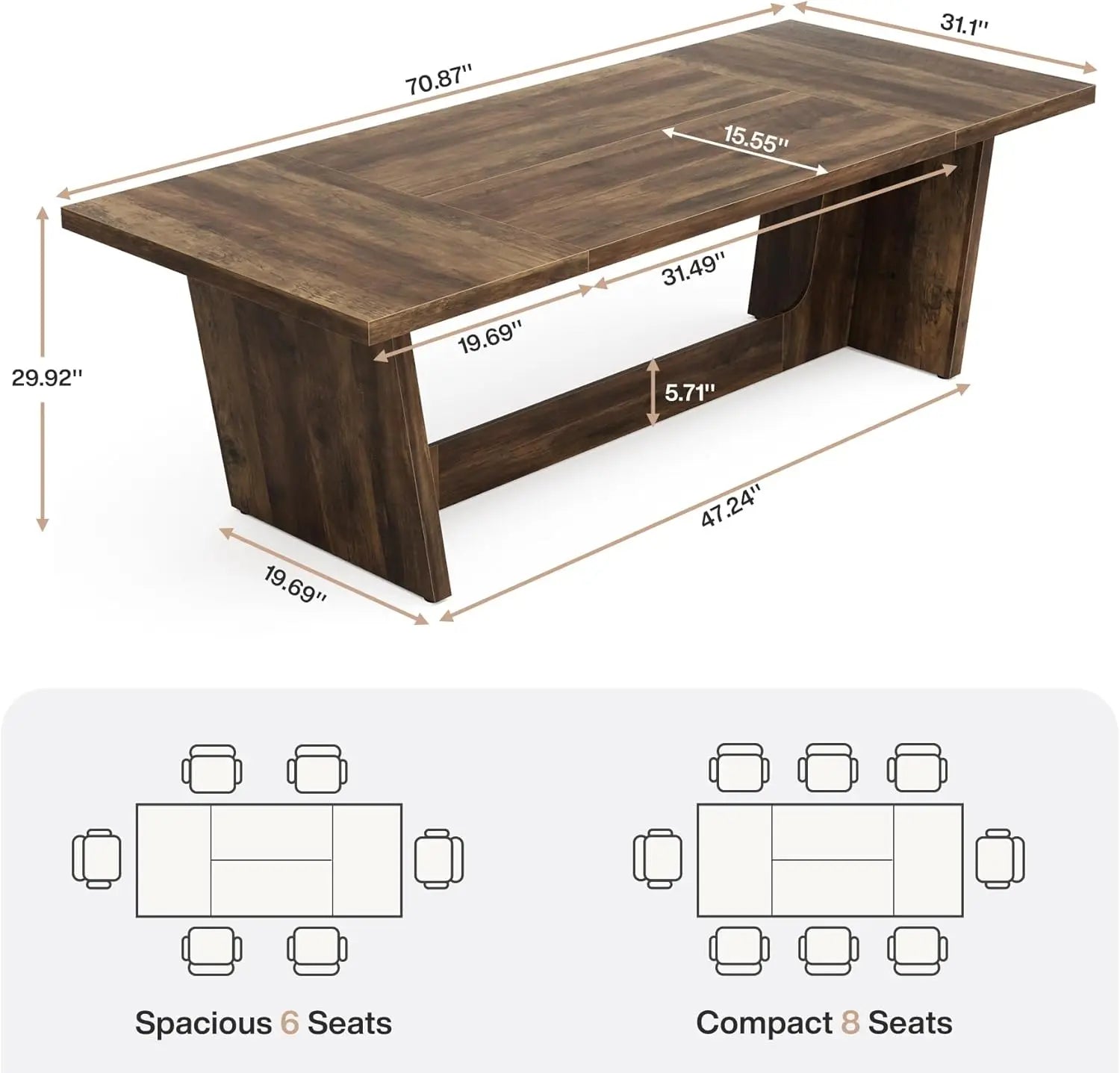 Dining Room Table with Solid Pedestal, Rustic Long Dinner Table
