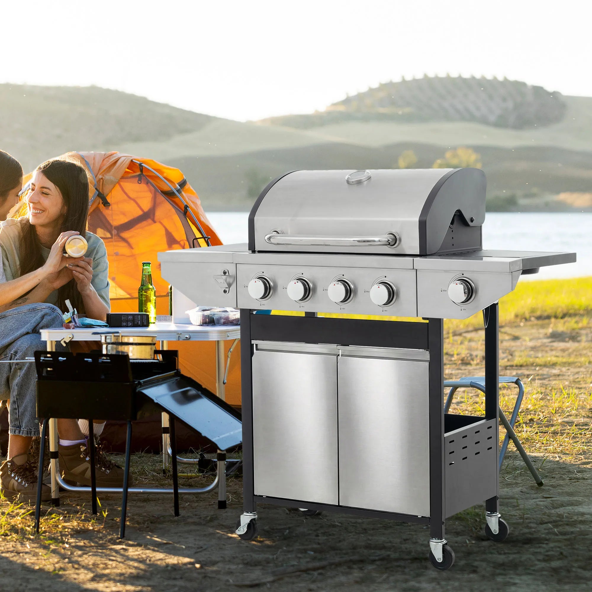 4 Main Burner Stainless Steel Gas Grill with Side Burner,