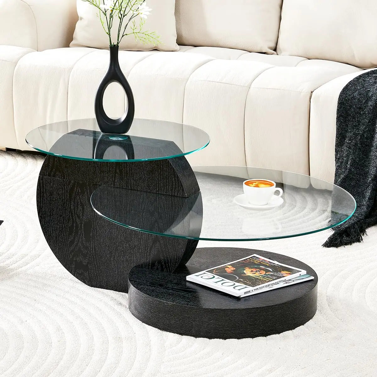 35" Round Tempered Glass Coffee Table. 3-Tier Design. Black Wooden Base.