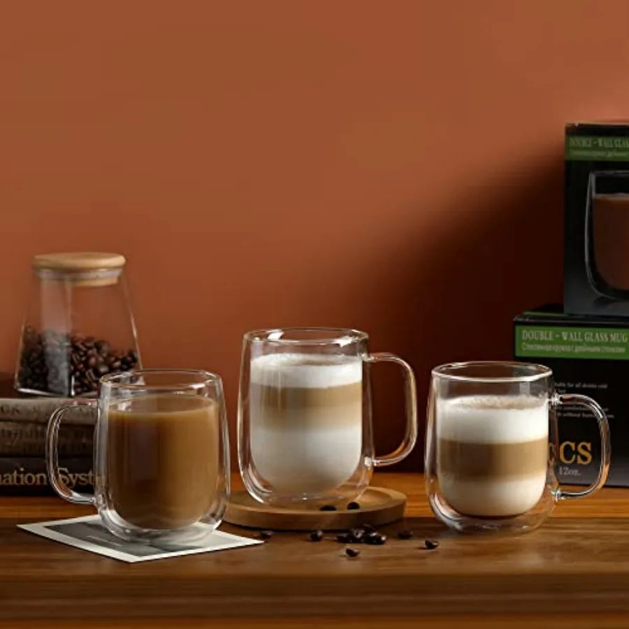 Glass Coffee Mugs 12oz, Double Wall Insulated Mug Set with Handle