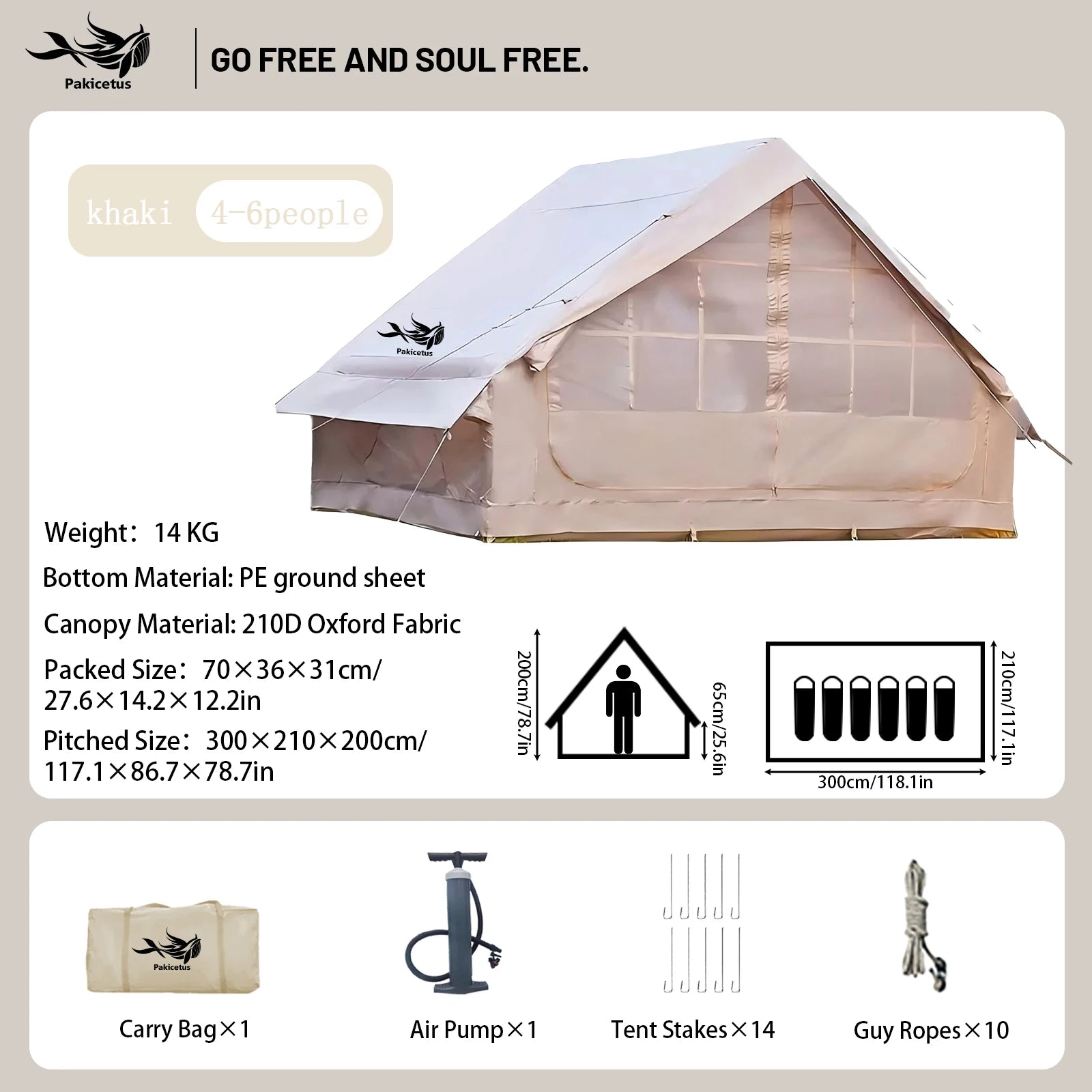 Pakicetus Quick Setup Inflatable Camping Tent, Waterproof Family Tent for 4-8 Persons,