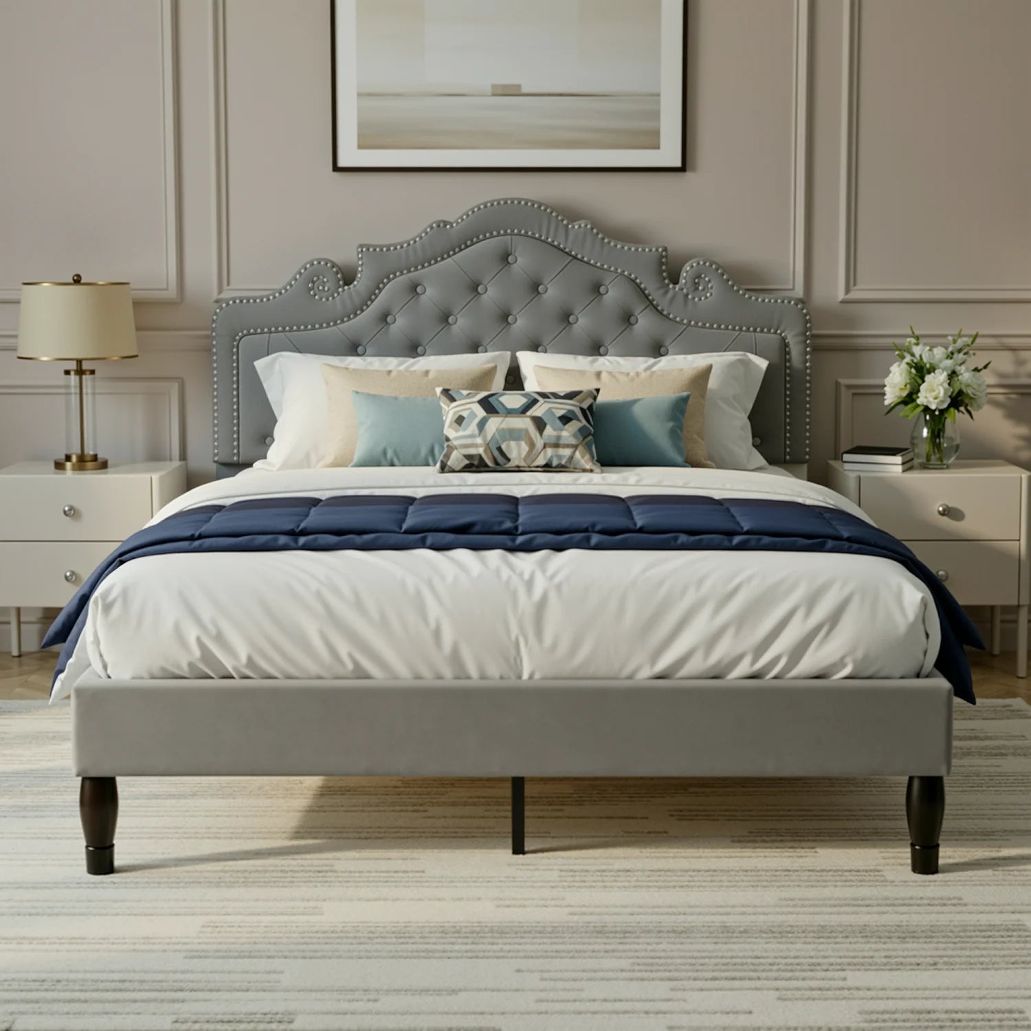 Full/Queen/King Size Velvet Bed Frame with Adjustable Tiara Headboard, Diamond Tufted Upholstered