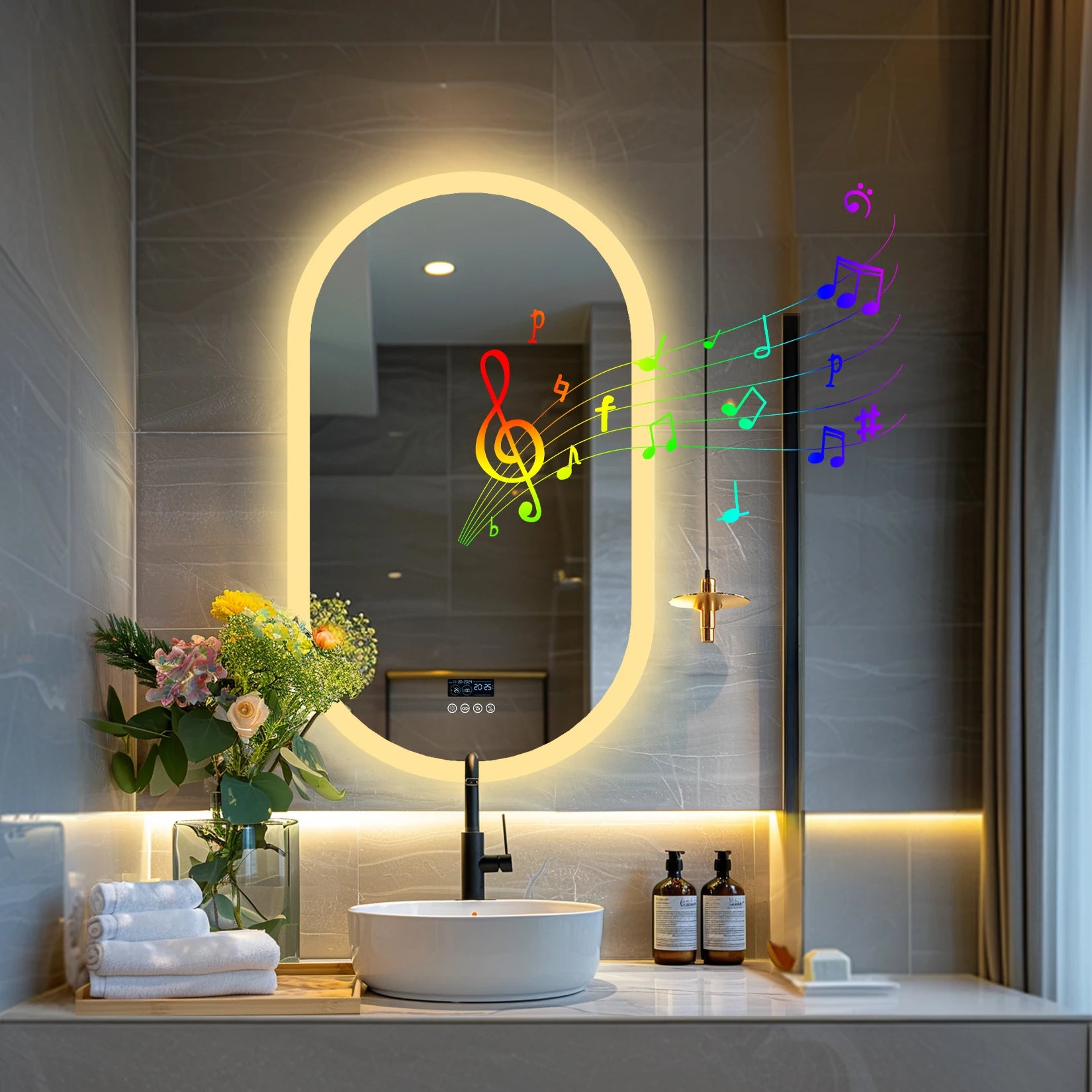 Oval LED Bathroom Mirror with Lights, Anti-Fog, Bluetooth Speaker, 3 Colors Temperature Lighted