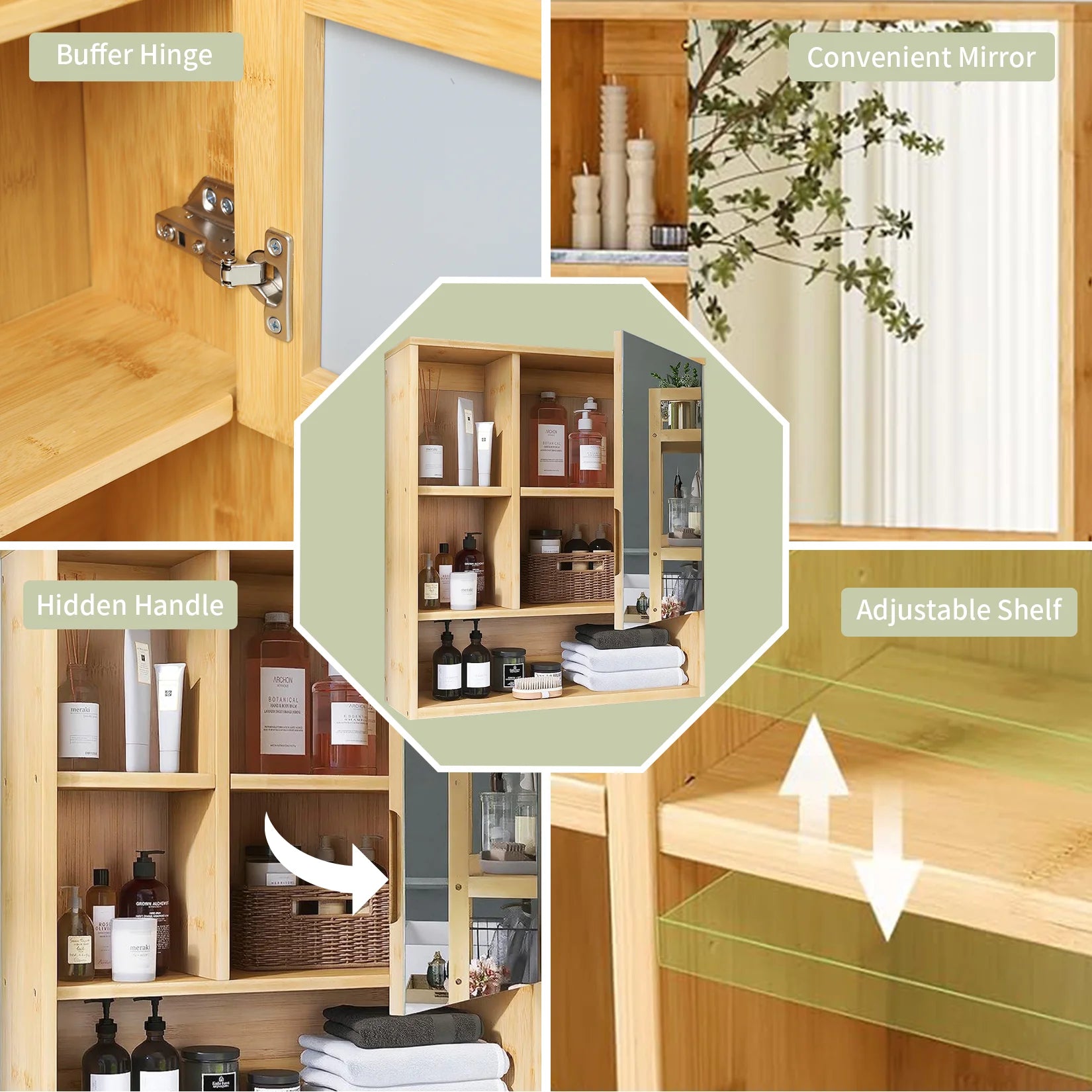 Wall Medicine Cabinet Cupboard Natural Bamboo Bathroom Vanity Mirror