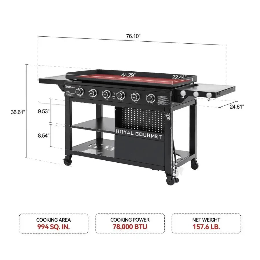 GB6000 6 Burner Propane Gas Griddle with Folding Side Tables, 44Inch Flat Top Grill