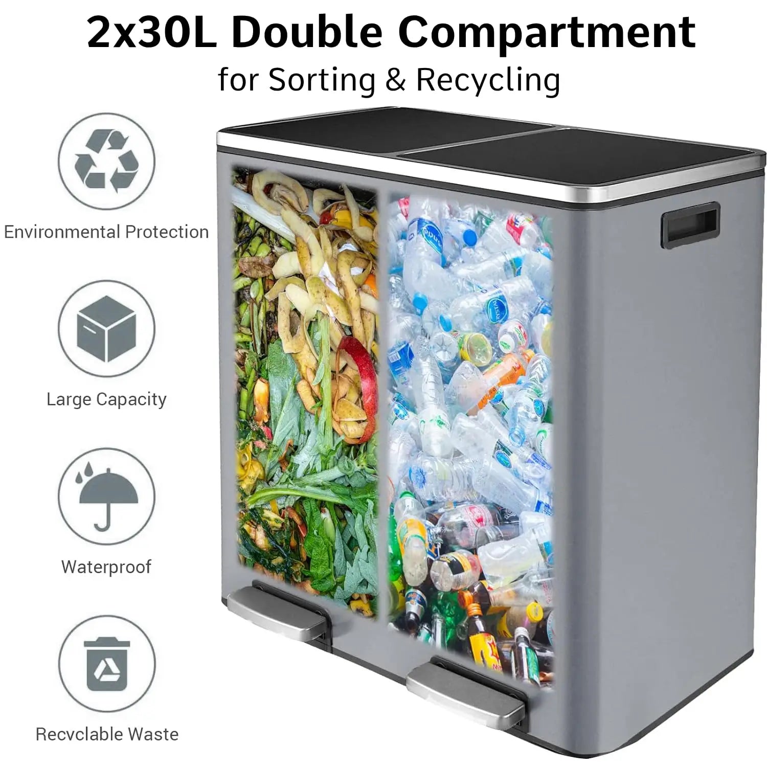 16 Gal (60 L) Stainless Steel Kitchen Trash Can Dual Recycling Bin Garbage Can