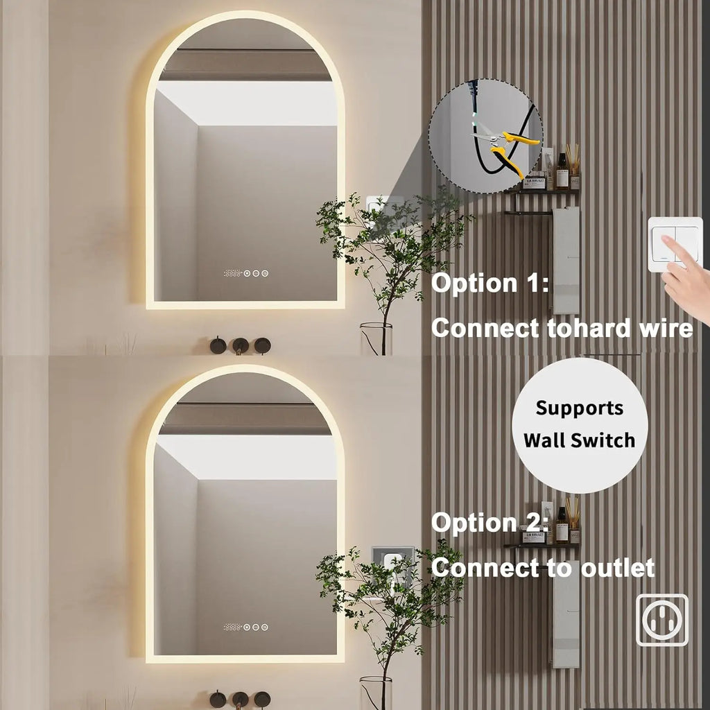 Backlit Smart LED Bathroom Mirror: 36 x 24 Inch Arched Dimmable 3 Colors Anti-Fog