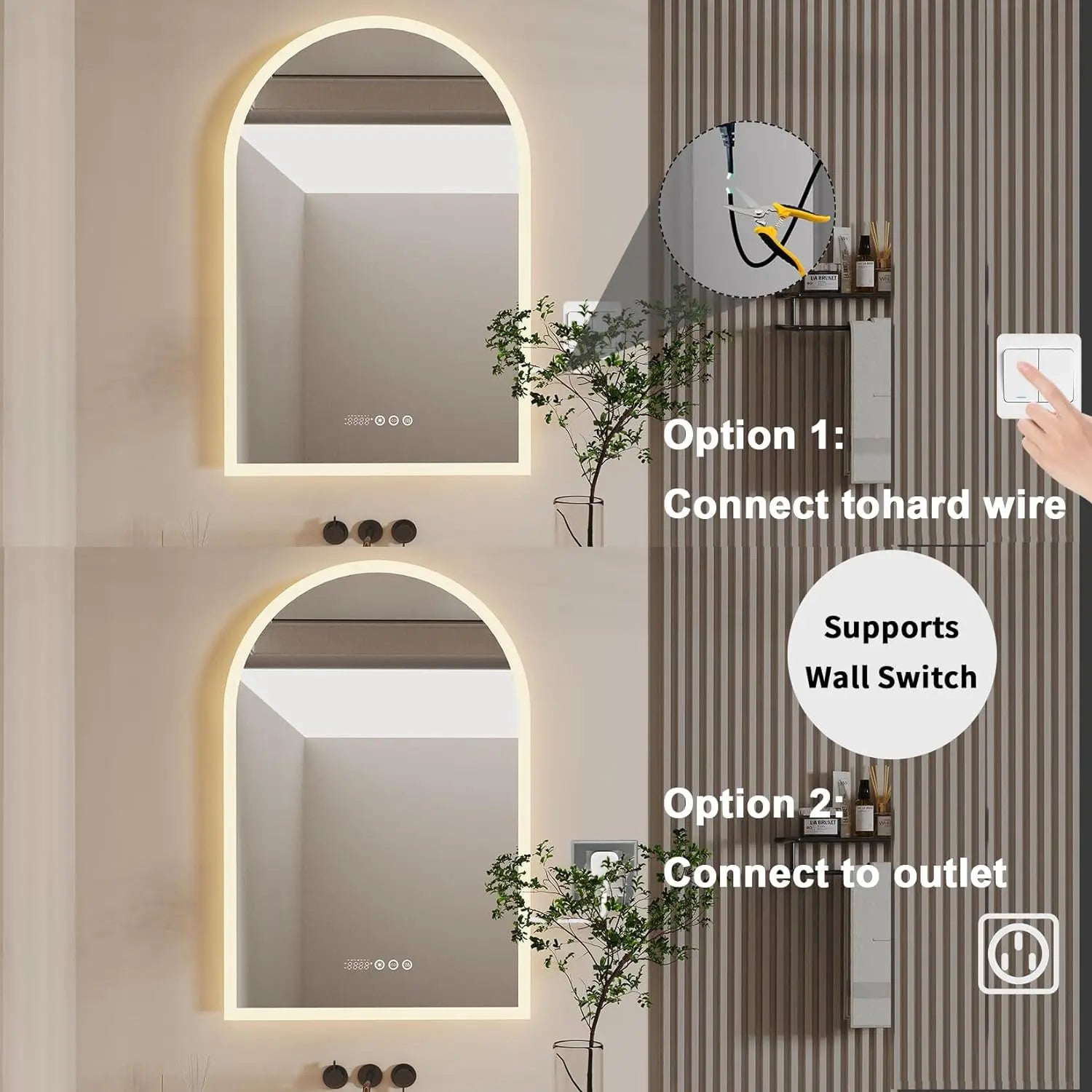 Backlit Smart LED Bathroom Mirror: 36 x 24 Inch Arched Dimmable 3 Colors Anti-Fog