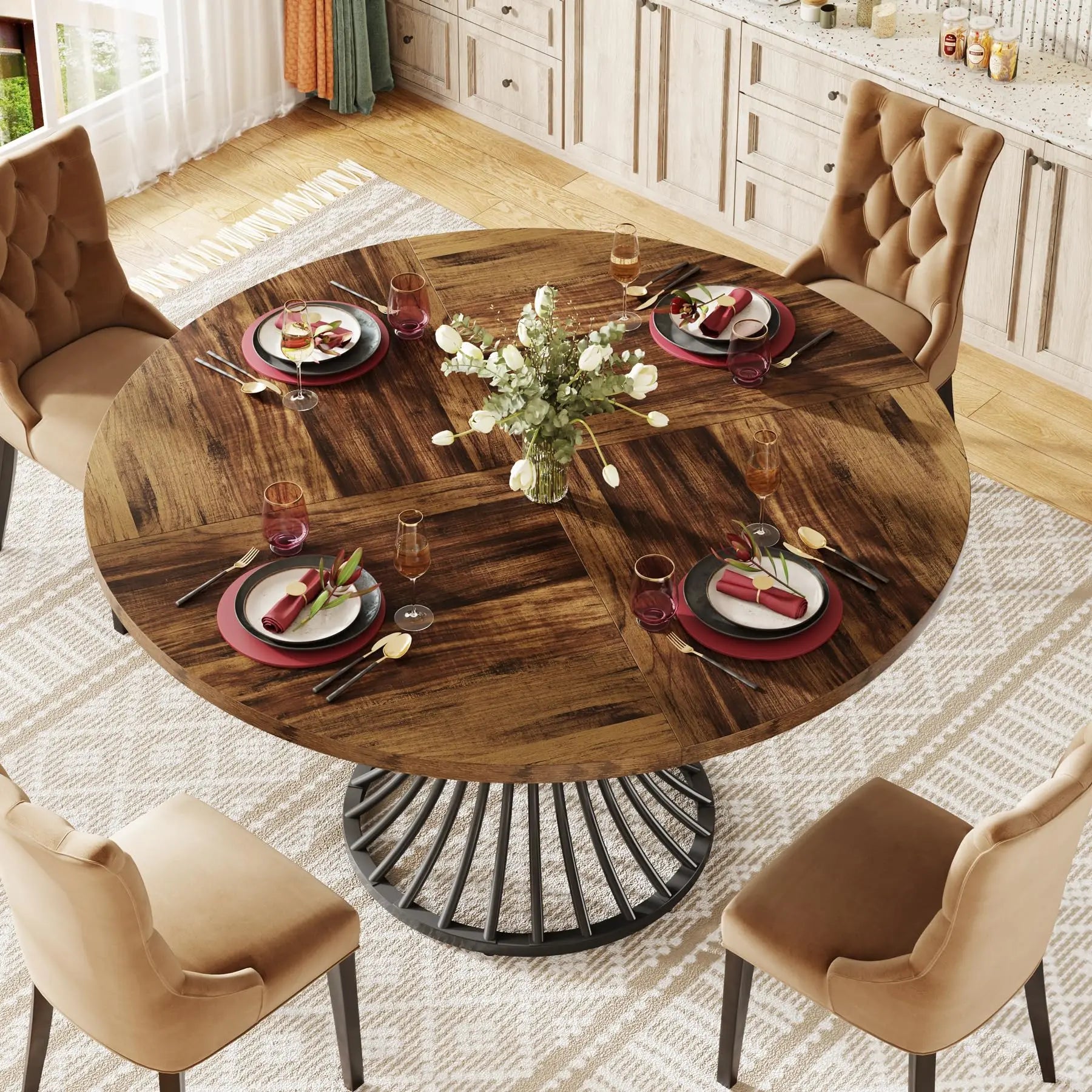 Round Dining Table for 4-6 People, 47-Inch Farmhouse