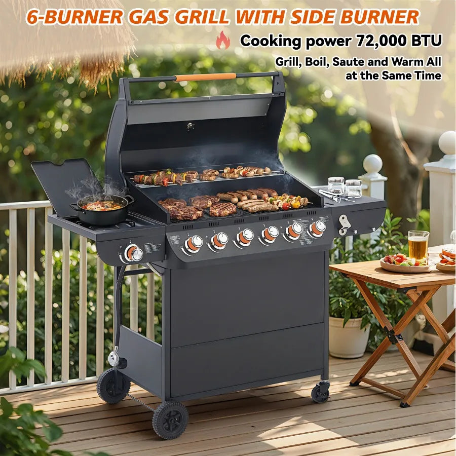 6 Burner BBQ Propane Gas Grill with Side Burner 72000 BTU Output Stainless Steel Barbecue Grill with Cast Iron Grates and Side