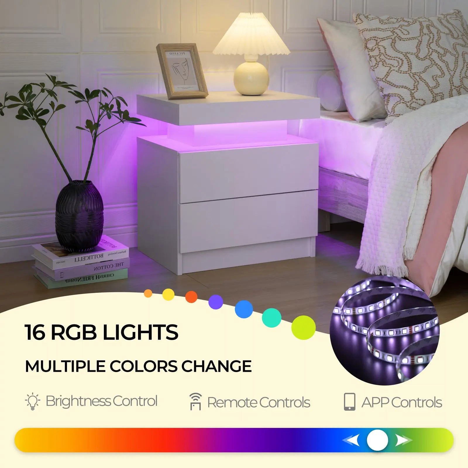 Nightstands with 2 Drawers, End Table with RGB LED Lights