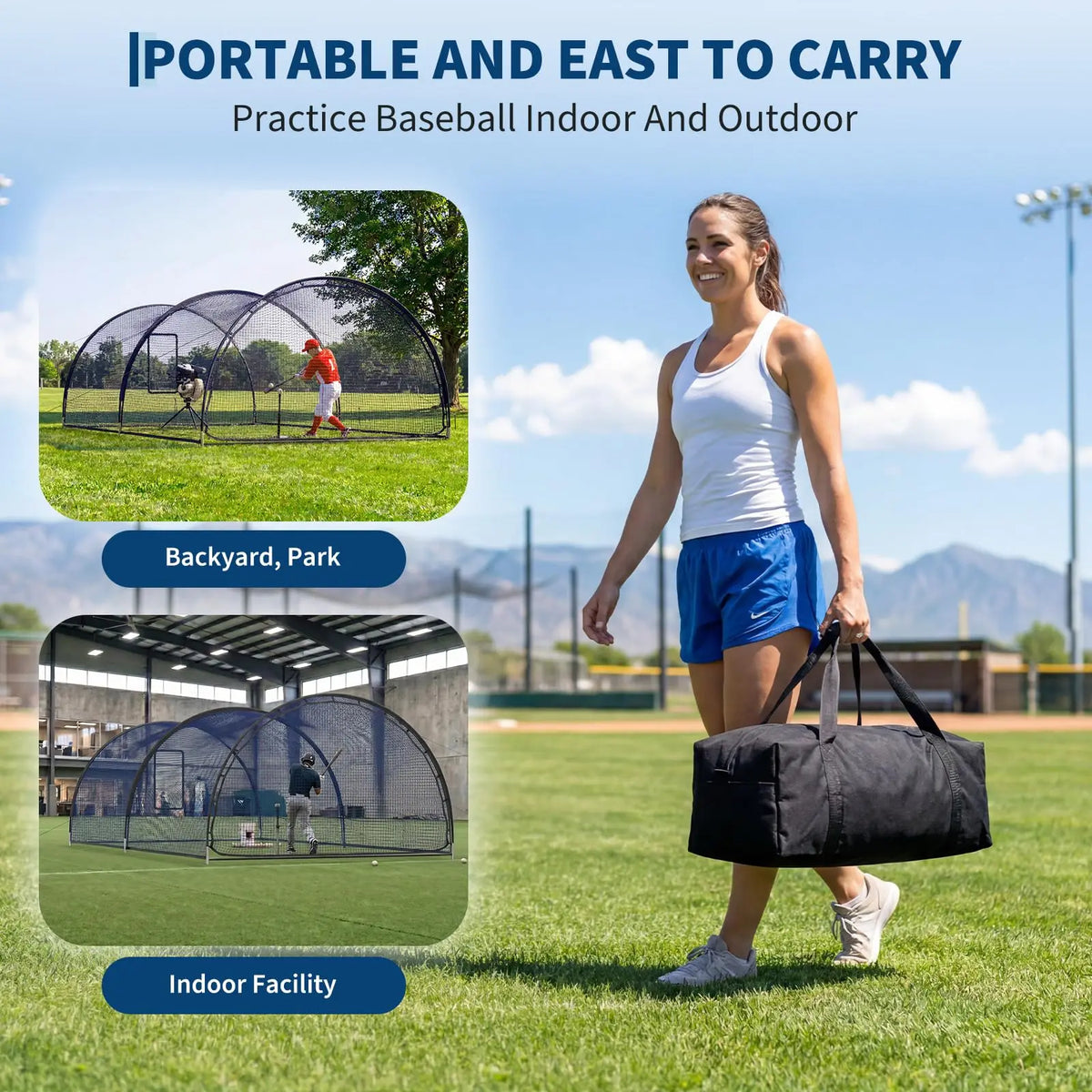 Portable batting cage includes pitching machine hole and detachable door.