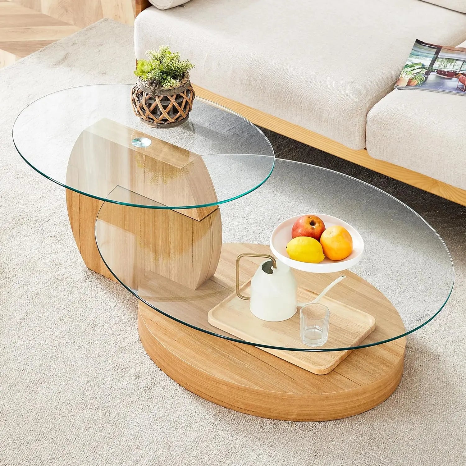 35" Round Tempered Glass Coffee Table. 3-Tier Design. Black Wooden Base.
