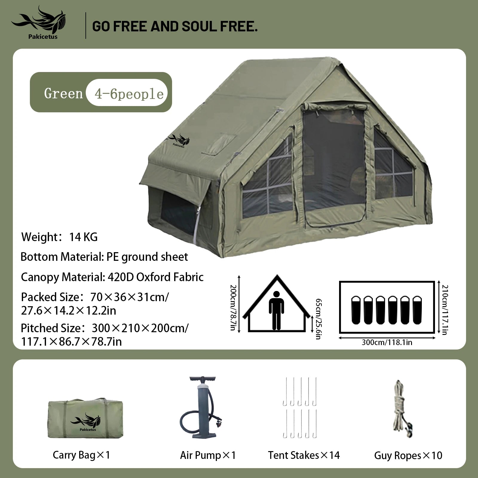 Pakicetus Quick Setup Inflatable Camping Tent, Waterproof Family Tent for 4-8 Persons,