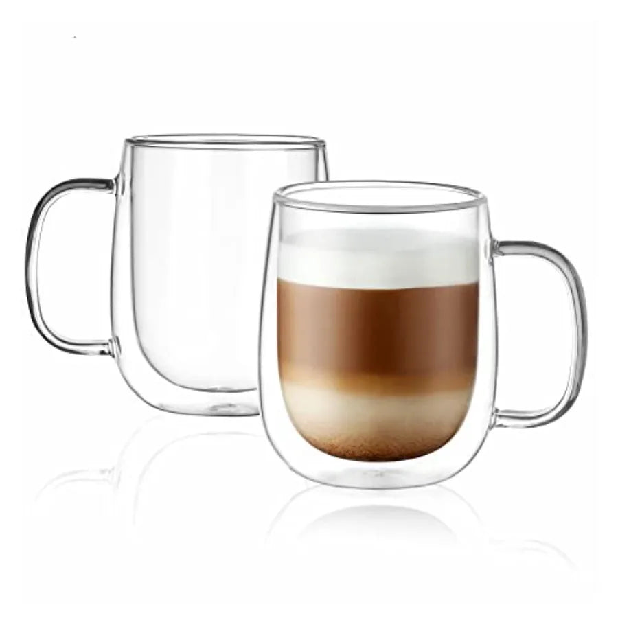 Glass Coffee Mugs 12oz, Double Wall Insulated Mug Set with Handle