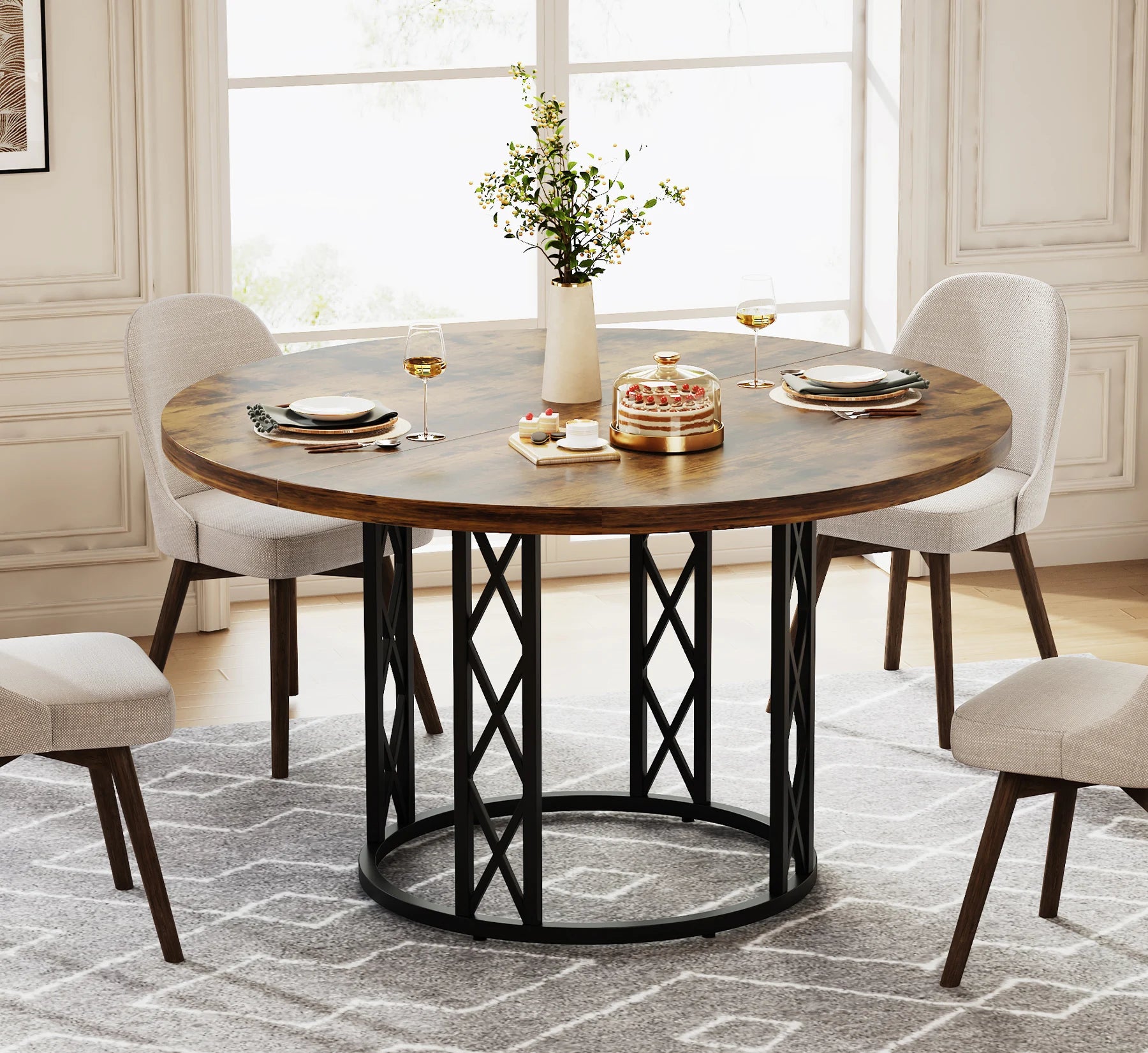 Round Dining Table for 4-6 People, 47-Inch Farmhouse