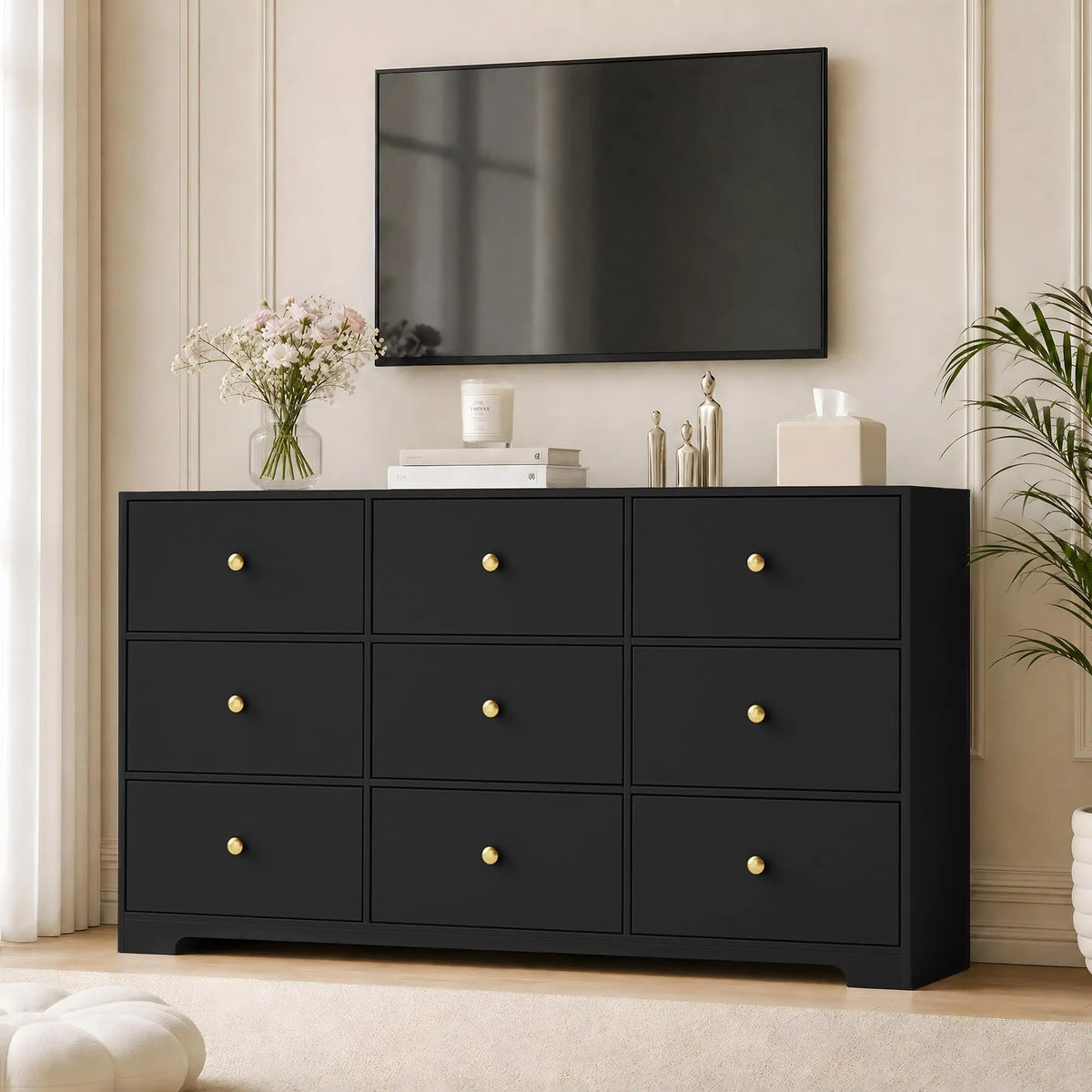 Wide nine-drawer dresser provides modern wood storage with elegant gold handles.
