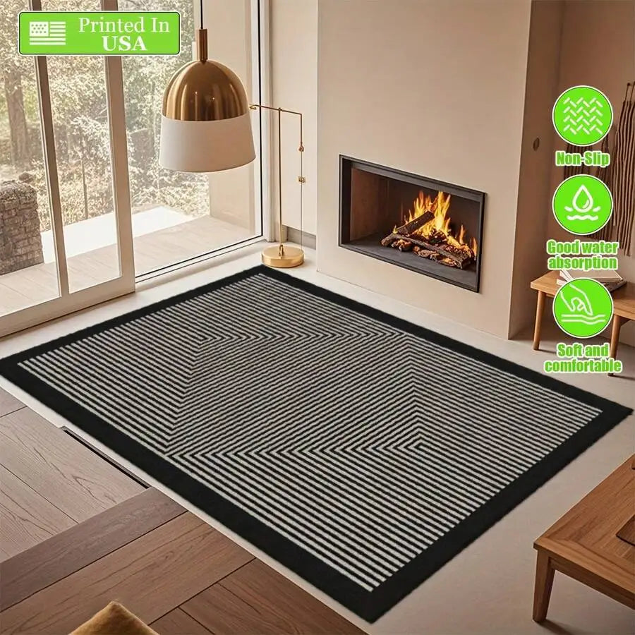 Black Border White Stripe Geometric Pattern Area Rug Non-Slip Rubber Backing.