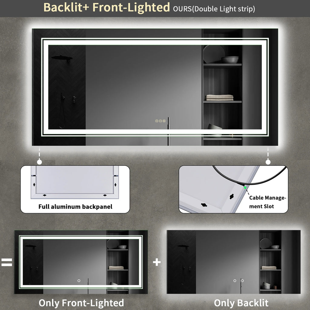 Extra Large Rectangle Bathroom Mirror LED Vanity Dimmable Backlit Anti-Fog