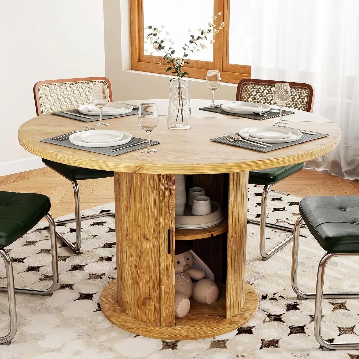 47" Round Dining Table with Storage, Wood Strip Base