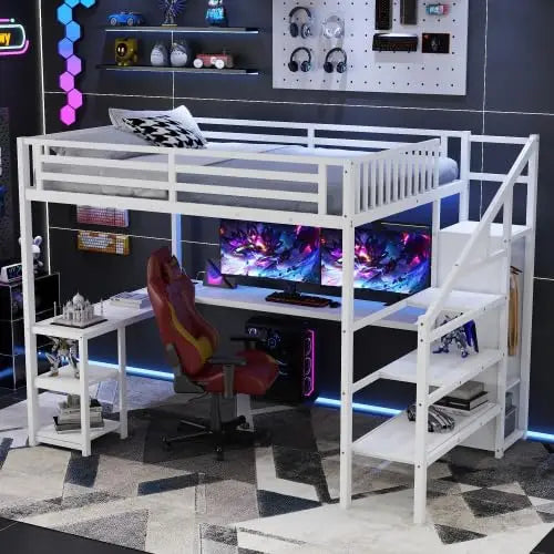 Queen Size Metal Loft Bed Frame With Stairs & Storage,