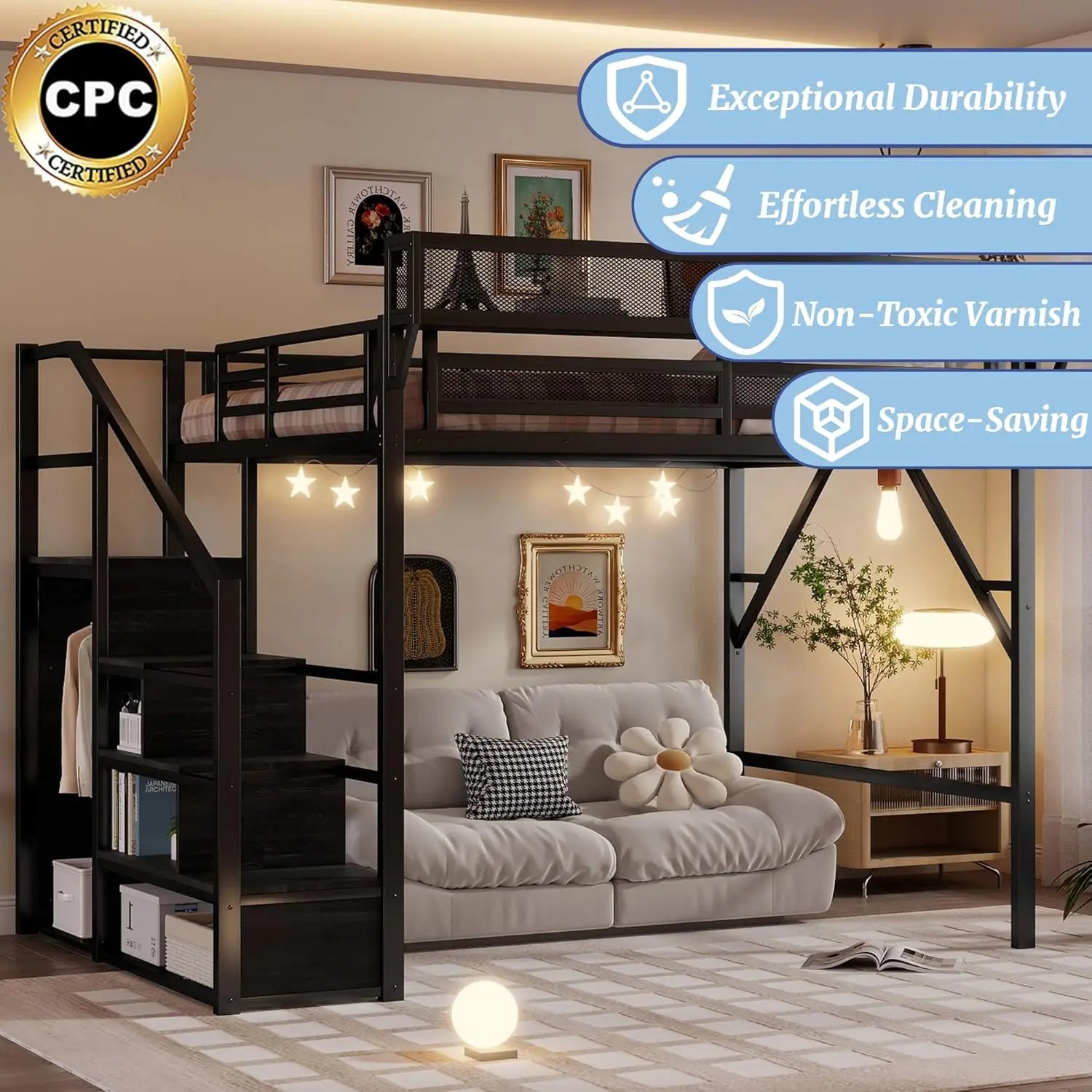Queen Size Metal Loft Bed Frame With Stairs & Storage,