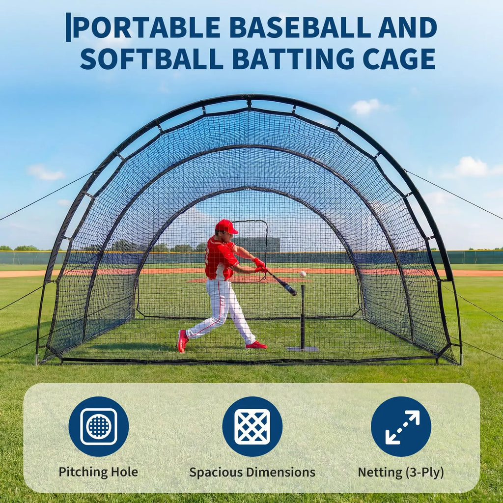 Portable batting cage includes pitching machine hole and detachable door.