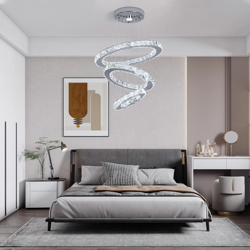 Modern Led Pendant Light Luxury Crystal Rings Dimmable Chandelier