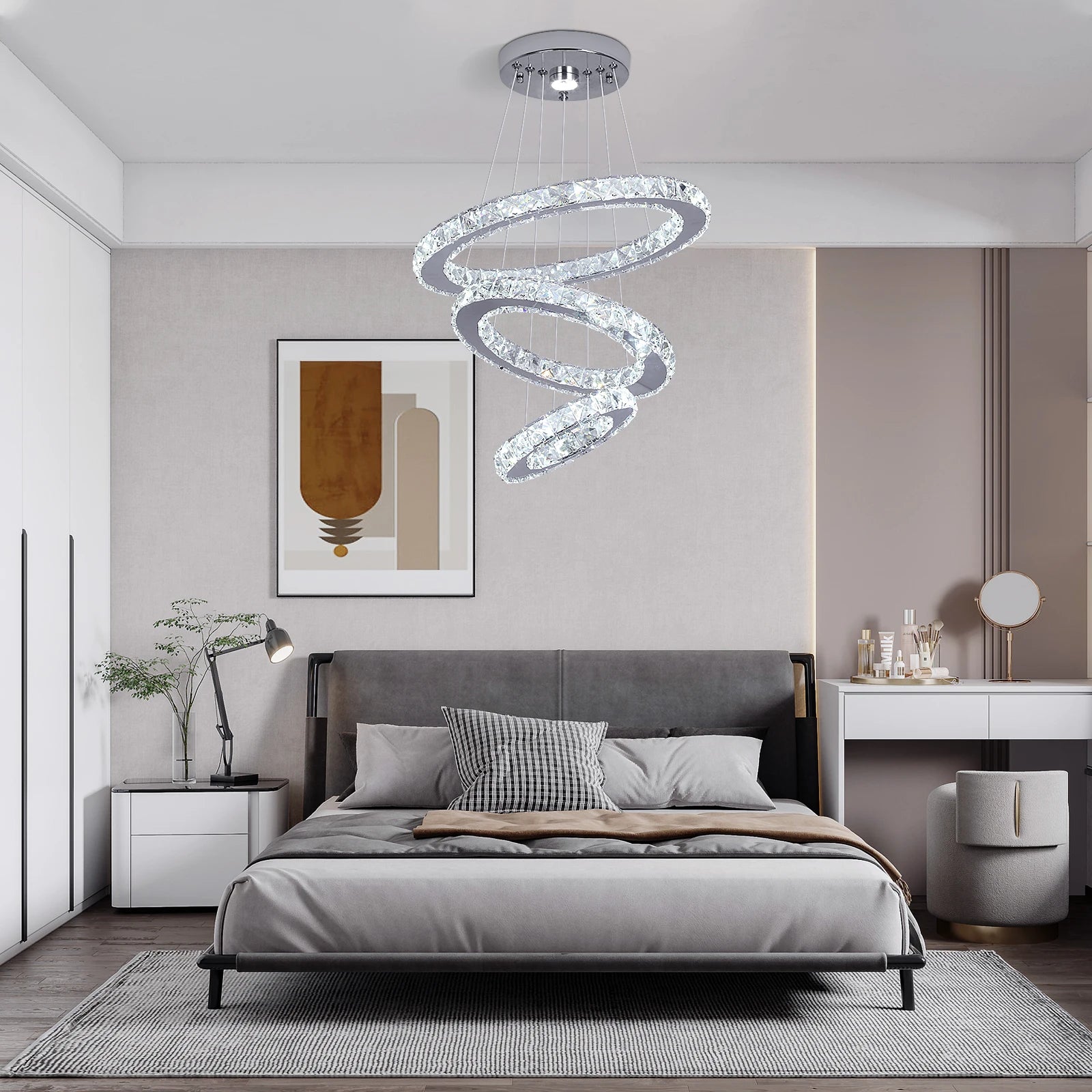 Modern Led Pendant Light Luxury Crystal Rings Dimmable Chandelier