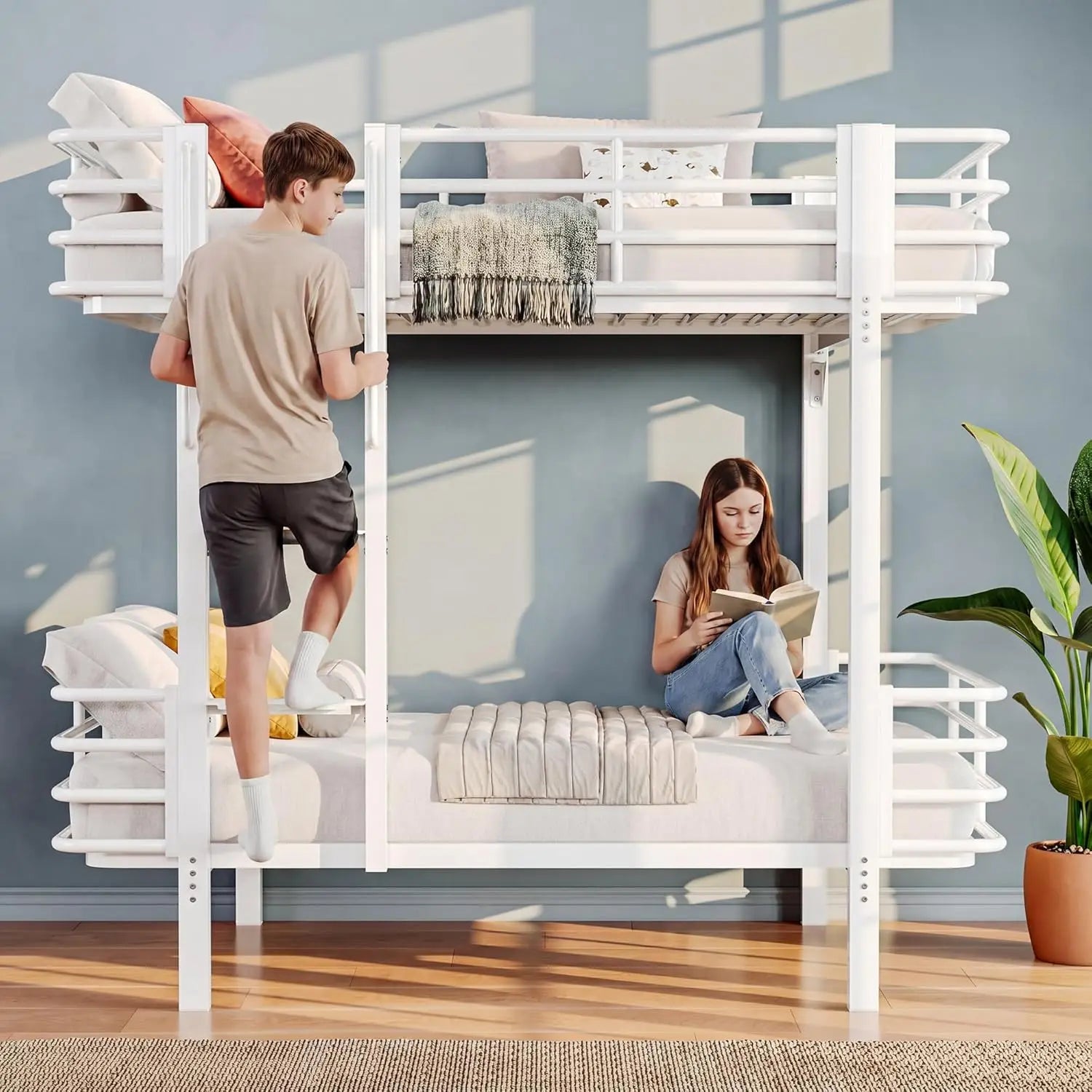 Metal Bunk Bed Twin Over Twin With High Safety Guard Rails