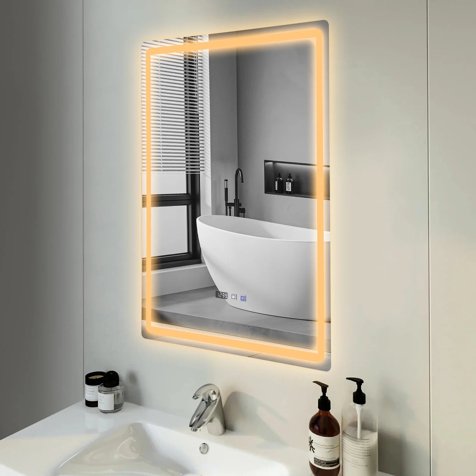 Rectangle Tri-Color Dimmable LED Mirror with Display Demist Touch IP54 Waterproof.