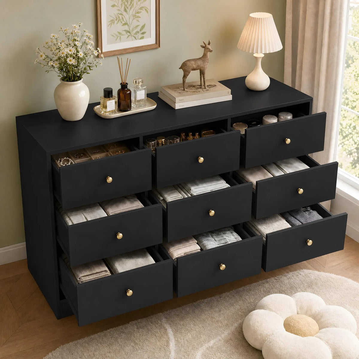 Wide nine-drawer dresser provides modern wood storage with elegant gold handles.