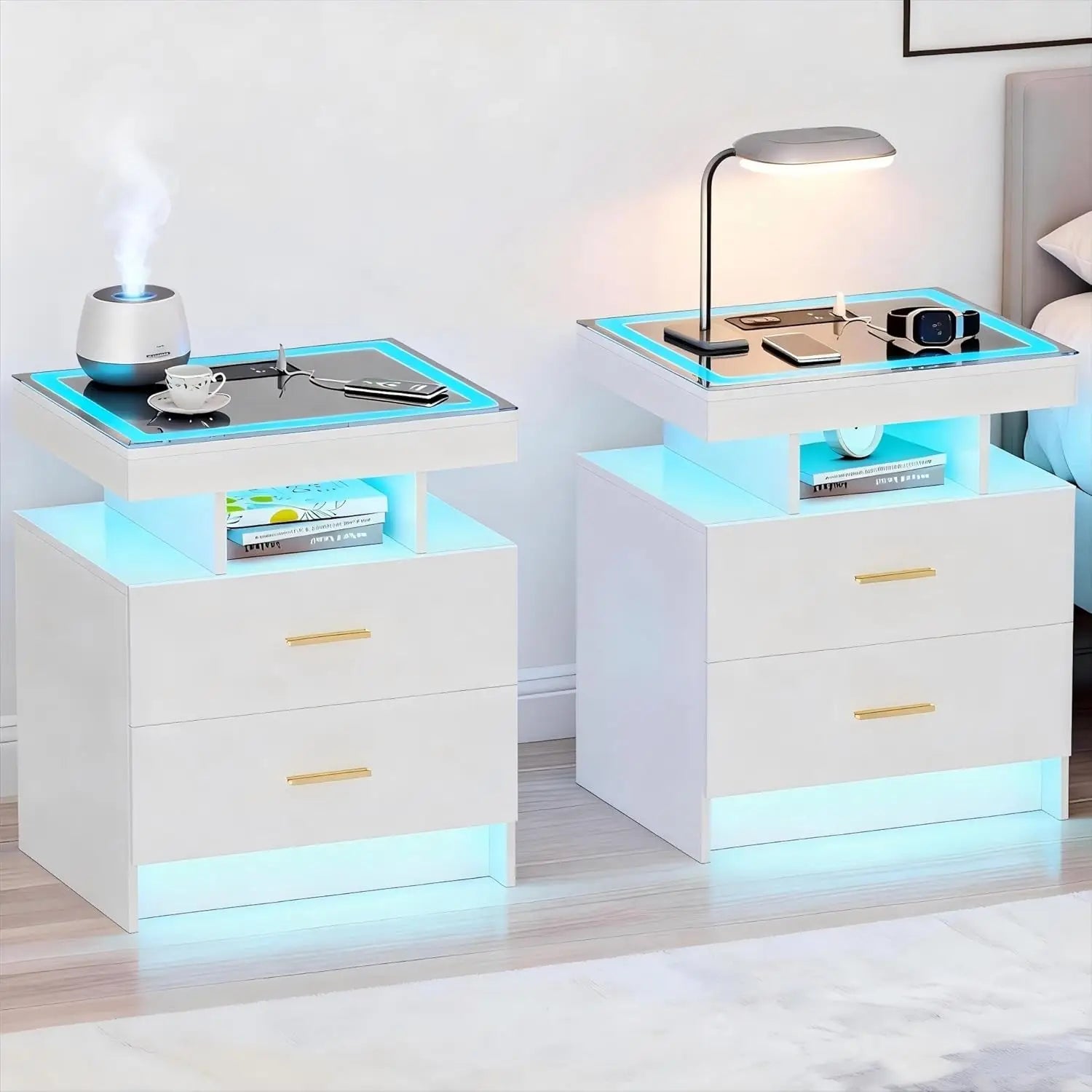 2 Set Nightstands with Wireless Charging Station for Bedroom, Auto Sensor 3 Color Dimmable LED End Table, Modern, Customized