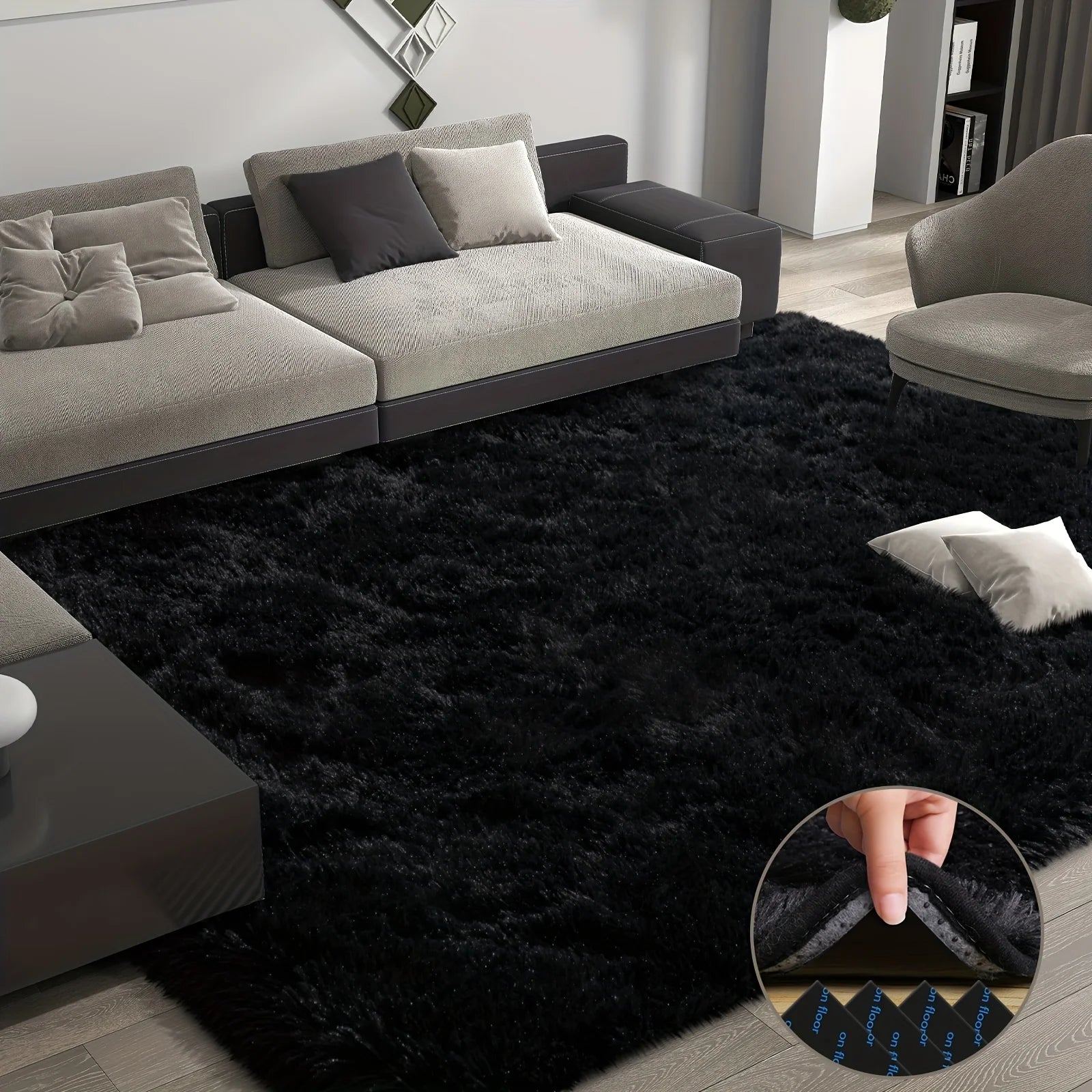 Large plush area rug, decorative rug.