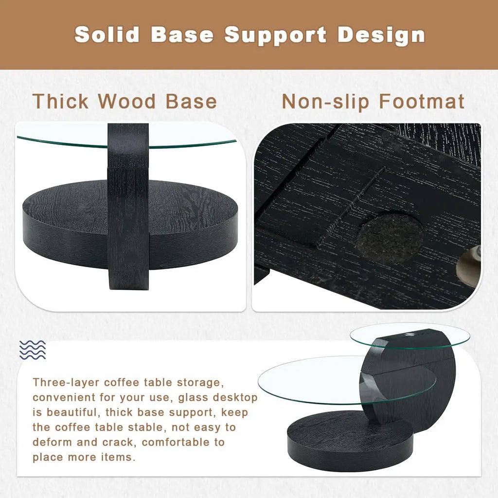 35" Round Tempered Glass Coffee Table. 3-Tier Design. Black Wooden Base.