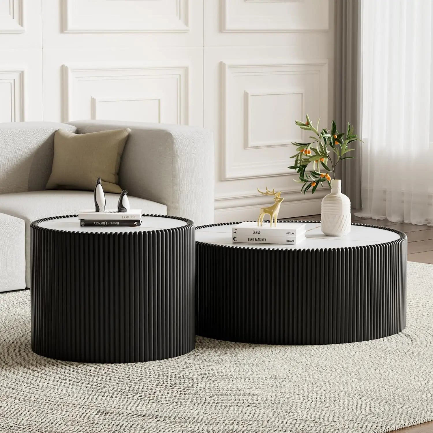 29.52" Grey Round Coffee Table Sintered Stone Top Fluted PU Leather Base