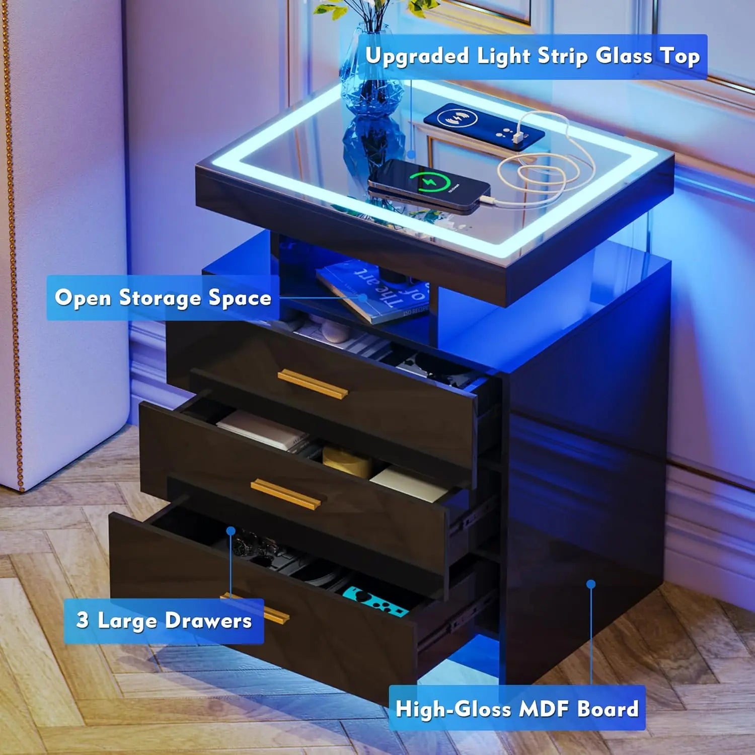 2 Set Nightstands with Wireless Charging Station for Bedroom, Auto Sensor 3 Color Dimmable LED End Table, Modern, Customized