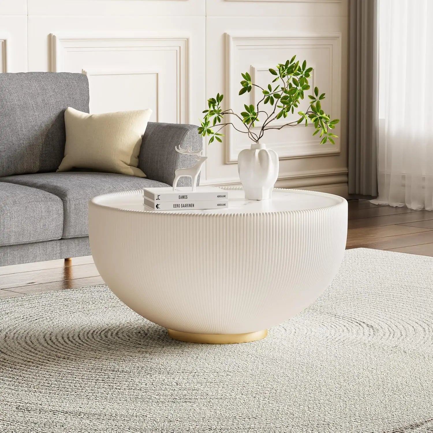 29.52" Grey Round Coffee Table Sintered Stone Top Fluted PU Leather Base