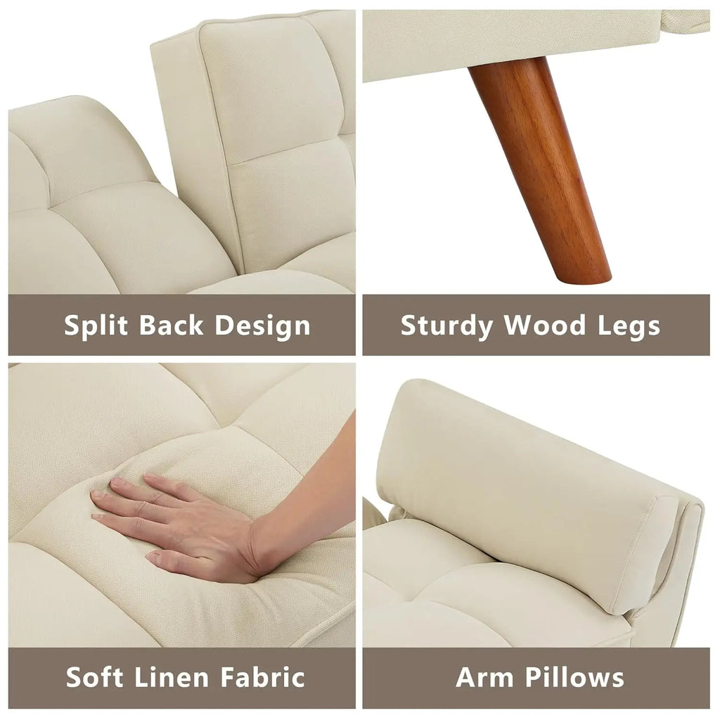 75" Linen Twin Size Futon Sofa Bed. Adjustable Split Backrest