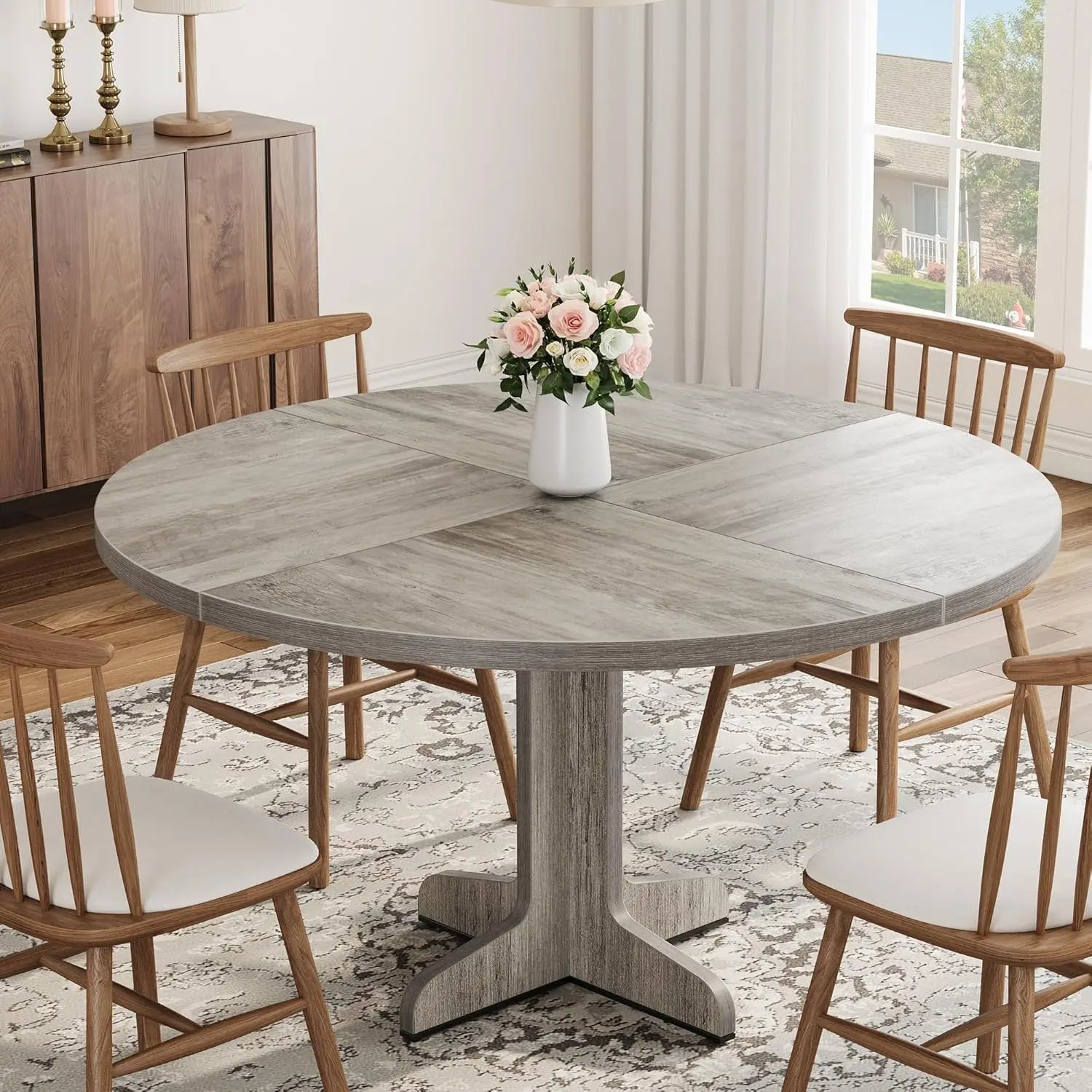 Round Dining Table for 4, 47 Inch Farmhouse with stable base