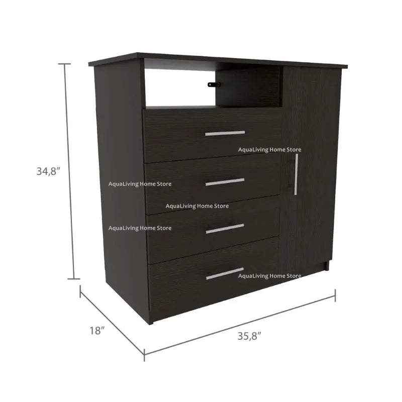 Modern bedroom set combines a spacious wardrobe with four-drawer dresser.