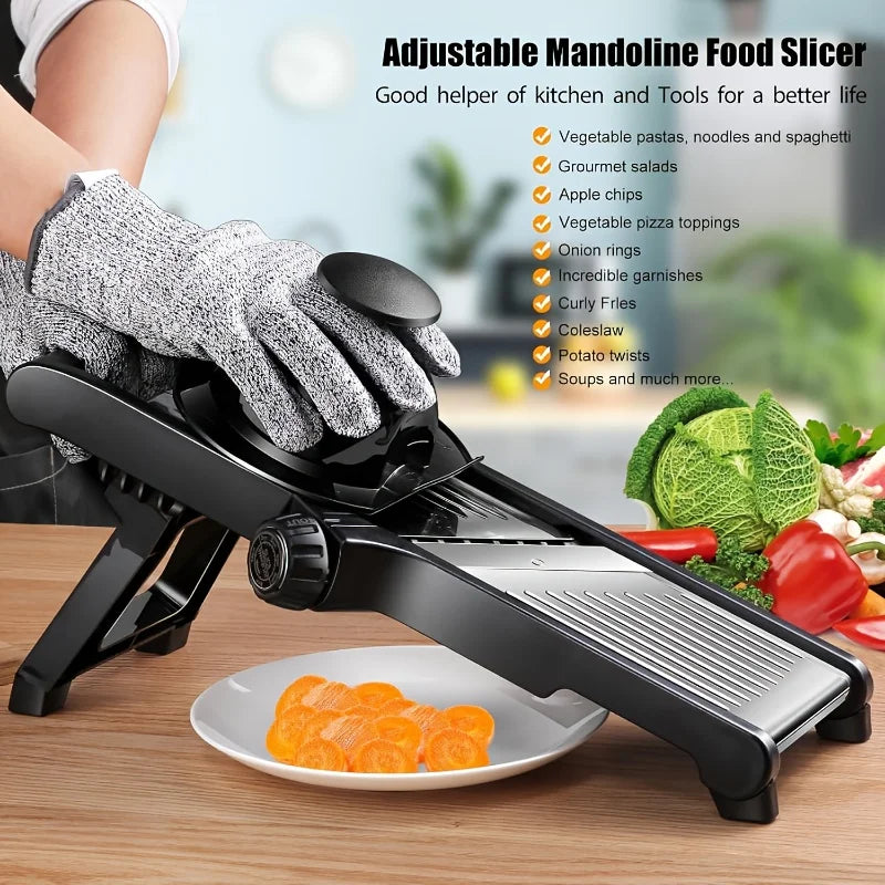 Stainless Steel Slicer /5 Blades & Holder - Safe Hand Guard Food Chopper.