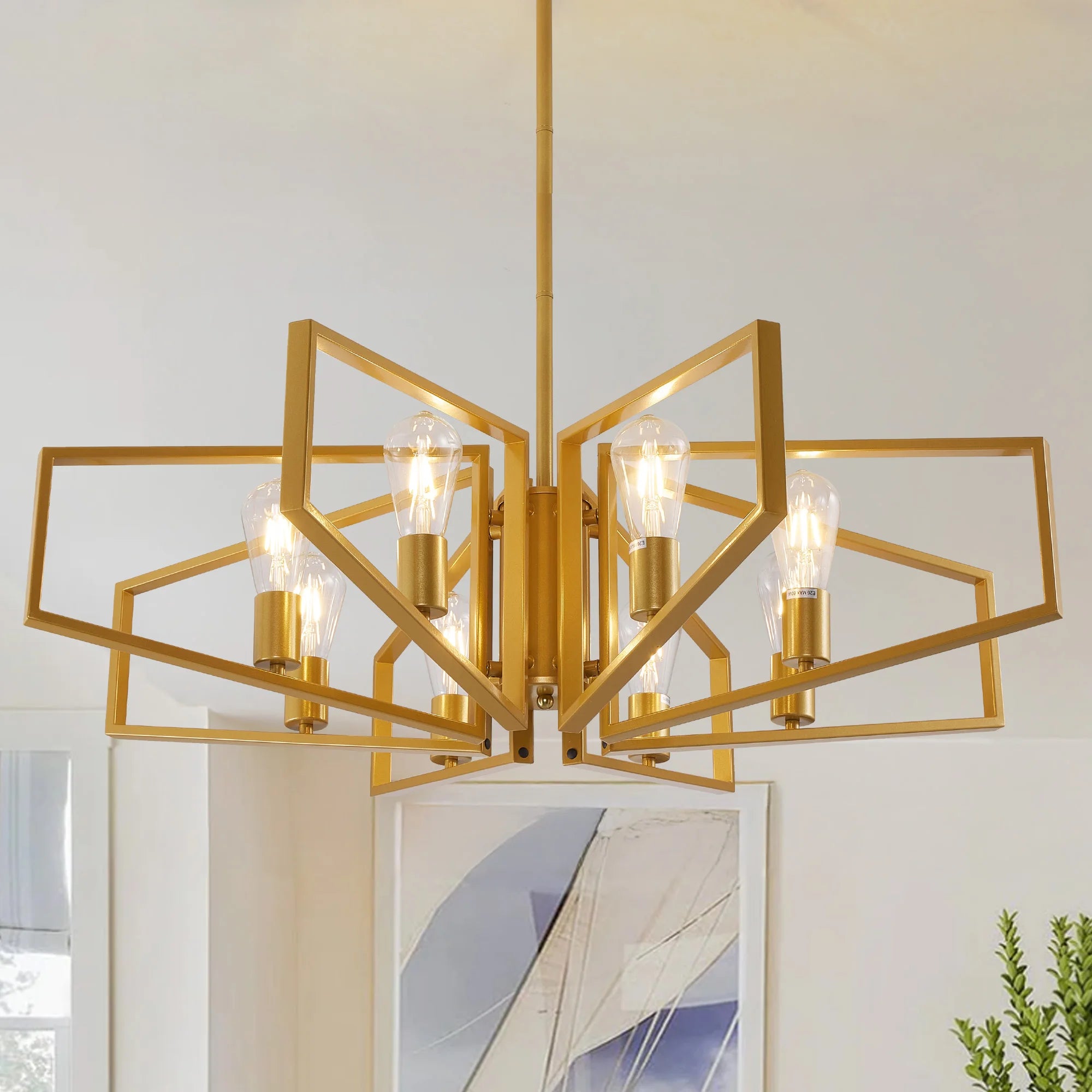 Modern 8-Light Gold and black Geometric Chandelier Adjustable Height Metal Pendant Light