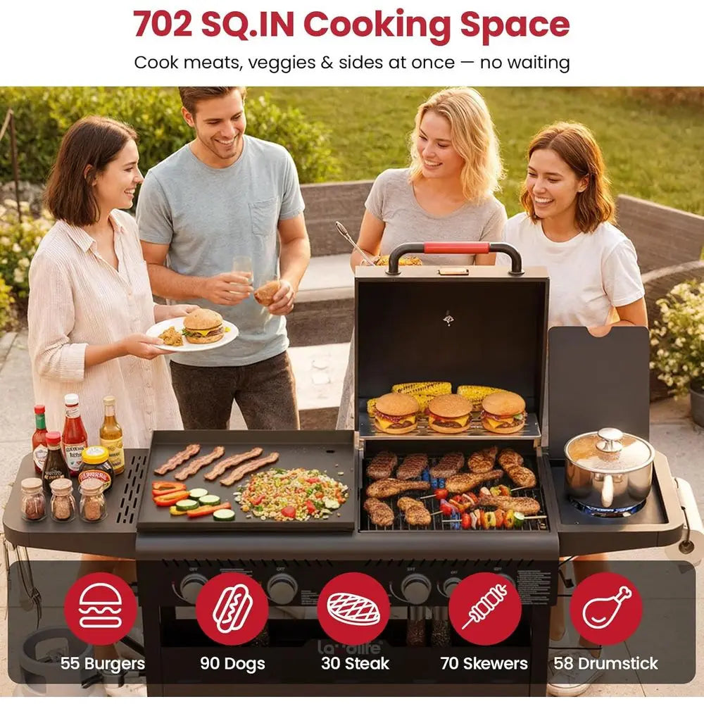 5-Burner Propane Grill Griddle Combo with Side Burner, Triple-Zone BBQ Gas Grill,