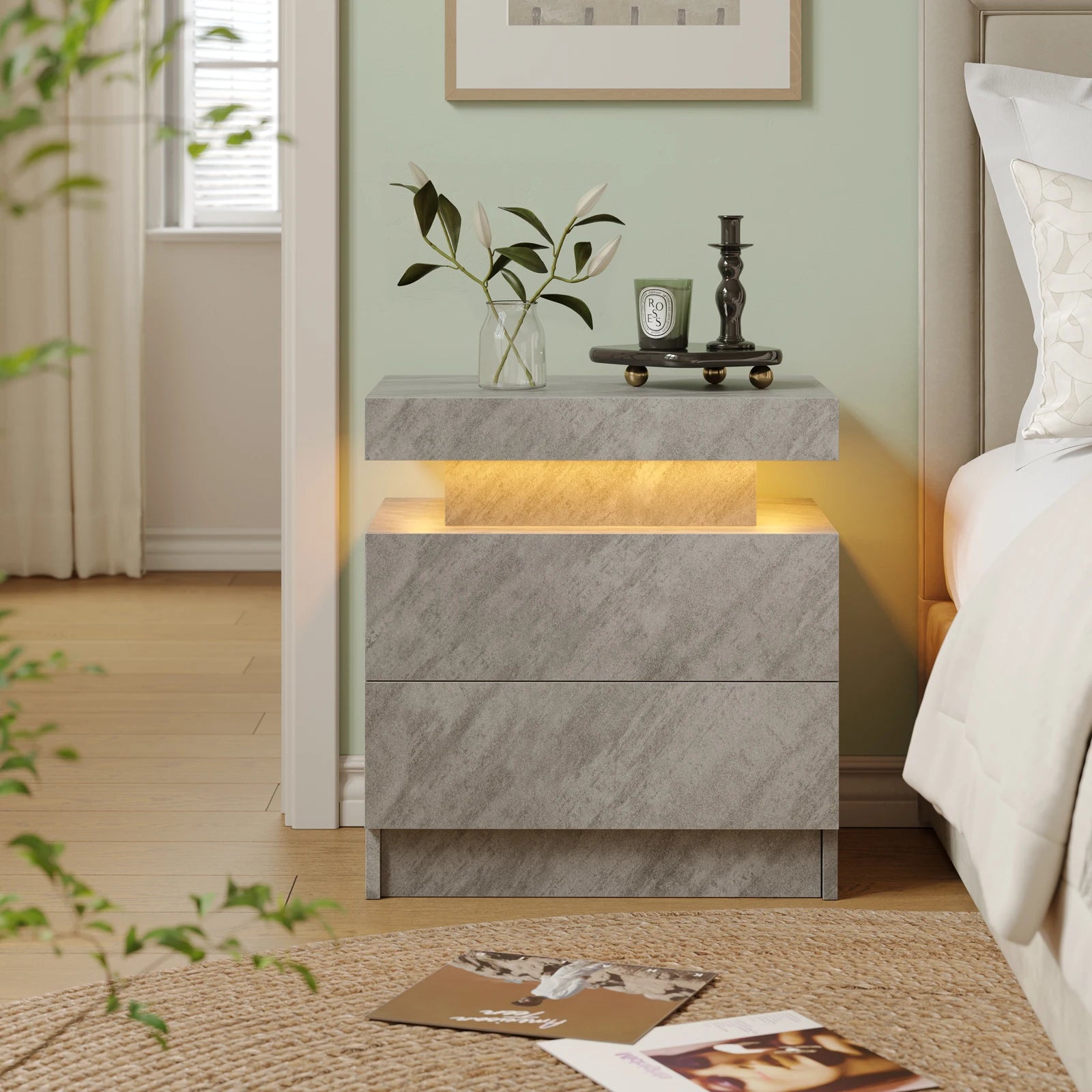 Nightstands with 2 Drawers, End Table with RGB LED Lights